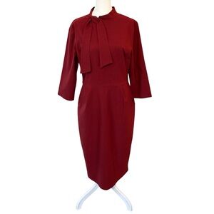 NWT MUXXN Tie-Neck Dress, Burgundy Red 3/4 Sleeve Midi Dress with Pockets, XL